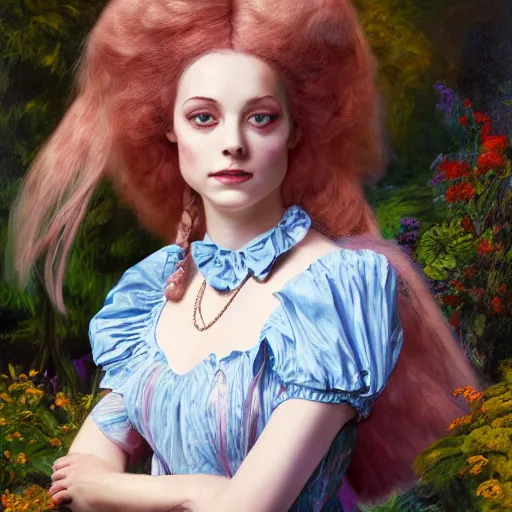 Prompt: A portrait of Alice from Wonderland, oil painting, majestic, detailed, high resolution, high detail, sharp
