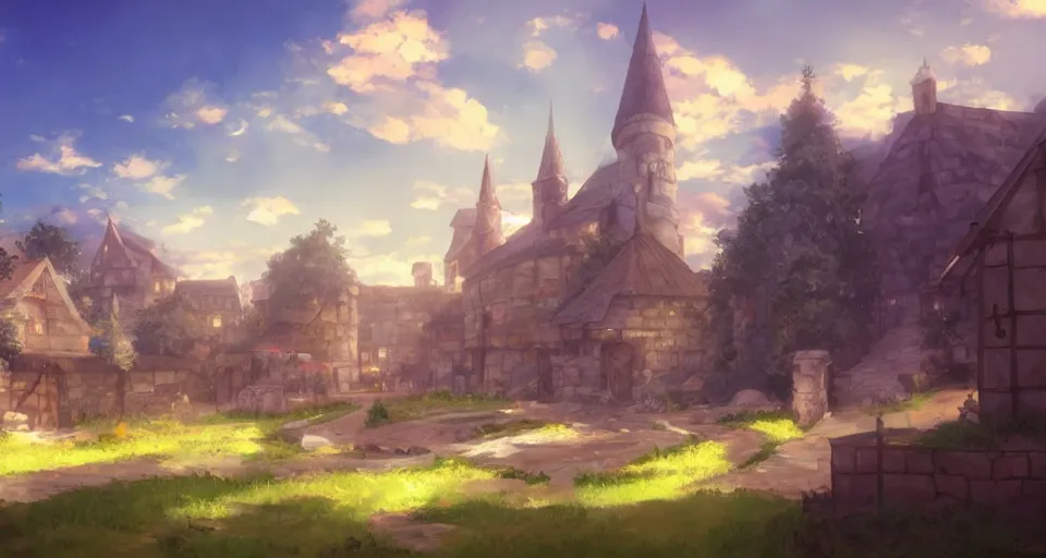 Prompt: Makoto Shinkai inspired medieval village