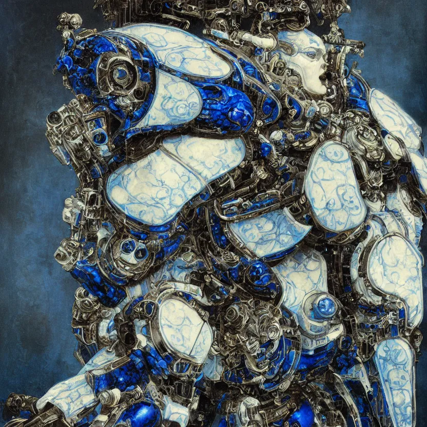 Prompt: a dark baroque close - up portrait of an ornate blue and white porcelain mecha made out of white vitrified translucent ceramic ; china. reflective detailed textures. gloomy black background. highly detailed fantasy science fiction painting by moebius, norman rockwell, frank frazetta, and syd mead. rich colors, high contrast. artstation