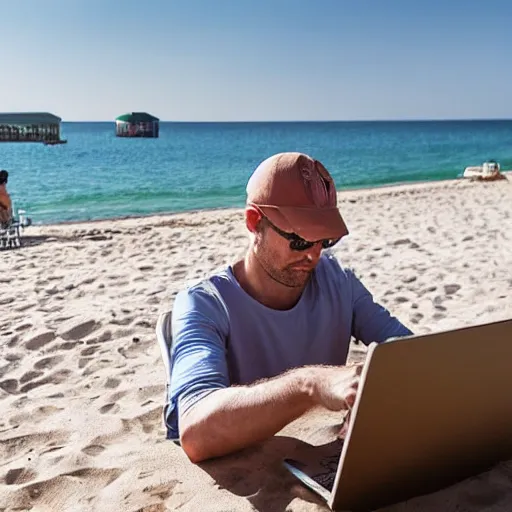 Image similar to man working on laptop at sunny beach, by ilya kuvshinnikov, perfect face, fine details
