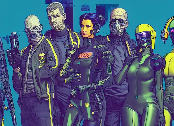 Image similar to cyberpunk hazmat team. portrait by stonehouse and mœbius and will eisner and gil elvgren and pixar. character design. realistic proportions. cyberpunk 2 0 7 7 character art, blade runner 2 0 4 9 concept art. cel shading. attractive face. thick lines. the team. diverse characters. shadowrun.