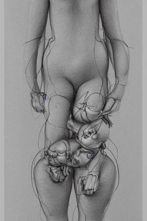 Prompt: highly detailed drawing of 2 dolls body and head mixed up by Hans Bellmer