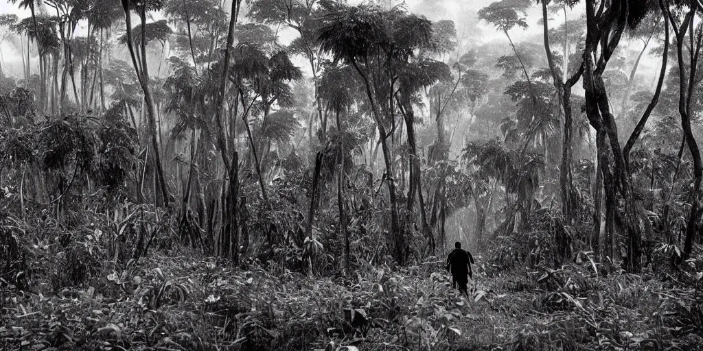 Prompt: a Sebastião Salgado's photograph of a mammoth walking in a dense tropical forest, 4k, award wining