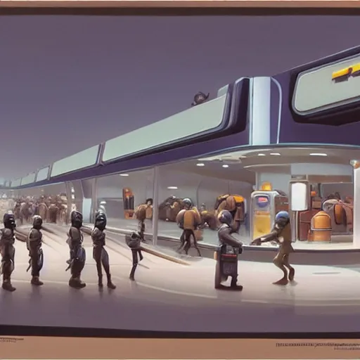 Image similar to ralph mcquarrie concept art of a futuristic mcdonalds. a space station is seen off in the distance with various droids and people walking in the foreground. a trooper is seen holding a brown mcdonalds bag.