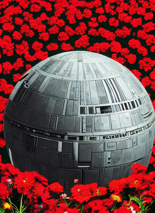 Image similar to An epic fantastic realism comic book style painting of the Death Star made of the most beautiful flowers, fisheye lens, unreal 5, DAZ, hyperrealistic, octane render, dynamic lighting