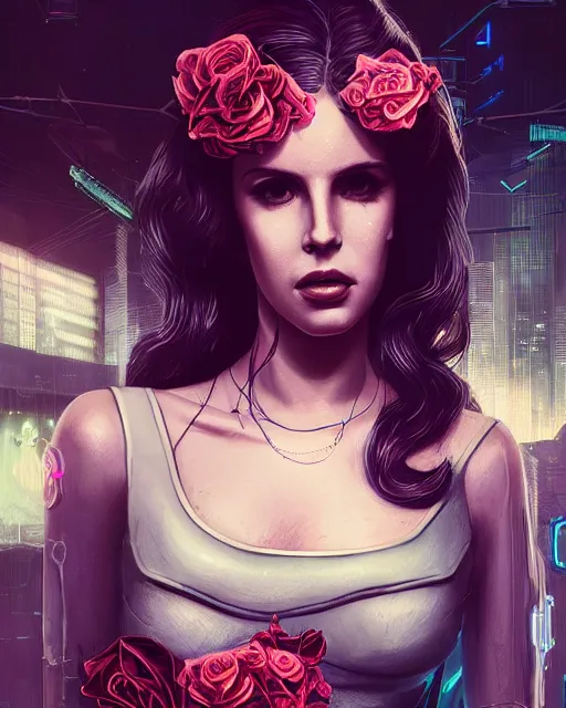 Image similar to portrait of lana del rey as a cyberpunk cyborg. roses, sci - fi, intricate abstract upper body intricate artwork, by tooth wu, wlop, beeple, dan mumford. concept art, octane render, deviantart, greg rutkowski, cinematic arthouse, key art, hyper realism, iridescent accents