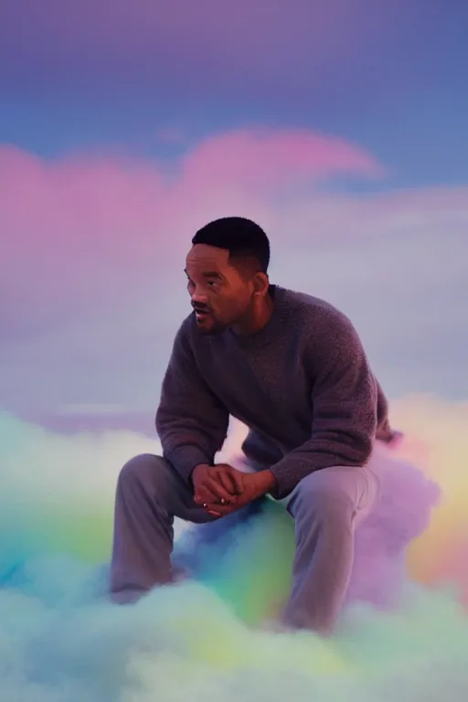 Image similar to high quality pastel coloured film close up wide angle photograph of will smith wearing clothing resting on cloud furniture in a icelandic black rock!! environment in a partially haze filled dreamstate world. three point light, rainbow. photographic production. art directed. pastel colours. volumetric clouds. pastel gradient overlay. waves glitch artefacts. extreme facial clarity. 8 k. filmic.
