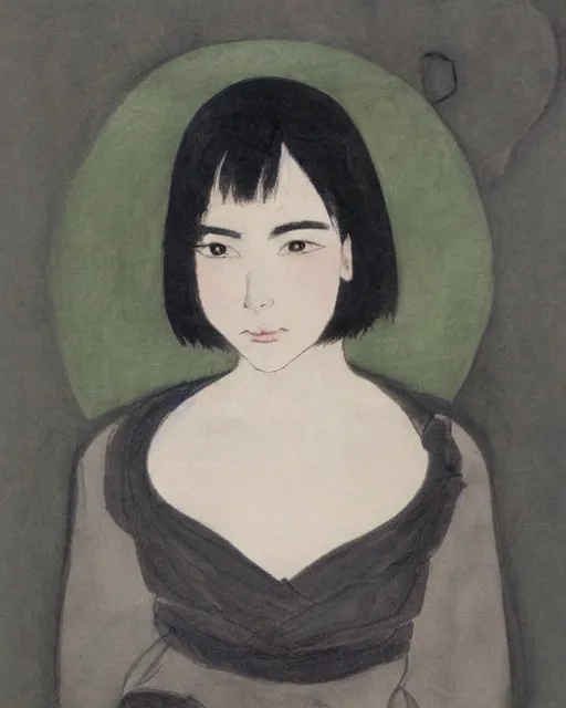 Image similar to a portrait of a young woman with shoulder length black hair, dark eyes, thick eyebrows, slightly chubby, pale skin, pretty, cute, by nakamura asumiko