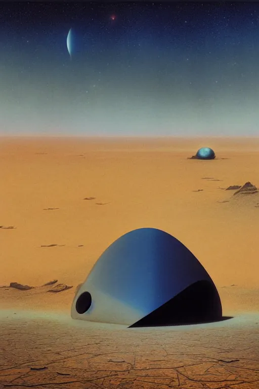 Image similar to emissary space by arthur haas and bruce pennington and john schoenherr, cinematic matte painting, zaha hadid building, photo realism, amangani, dark color palate, blue hour stars, desolate desert landscape,