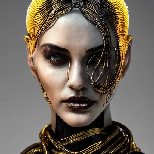 Image similar to portrait of an evil beautiful woman, marble skin, black and gold wires, high - tech, cyberpunk, by kim jung gi, irakli nadar, intricate linework, bright colors, octane render,