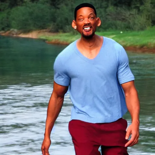 Image similar to will smith skipping over a river