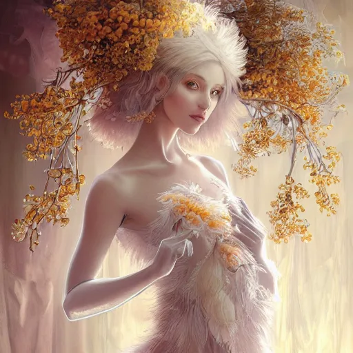 Image similar to a photograpic portrait of a anthropomorphic mimosa wearing white clothes, fantasy, intricate, elegant, highly detailed, digital painting, artstation, concept art, smooth, sharp focus, illustration, art by artgerm and H R Giger and alphonse mucha