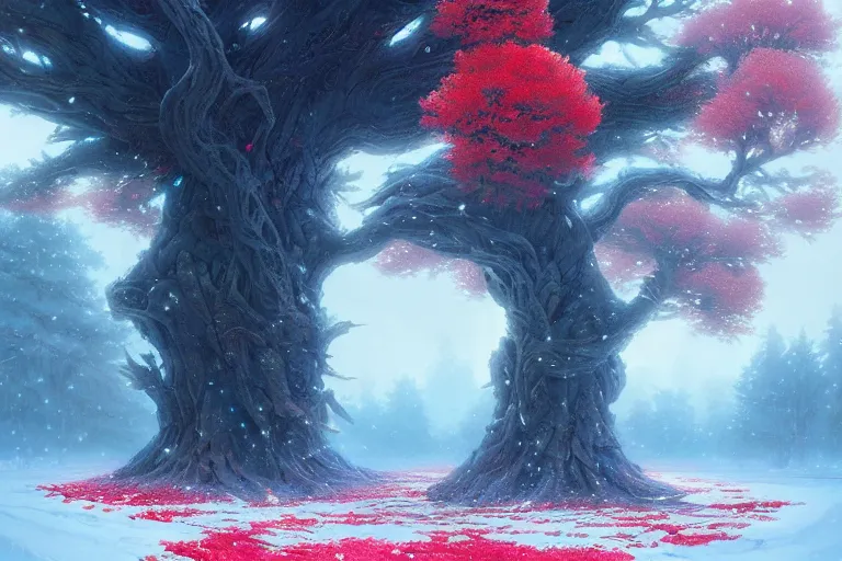 Image similar to giant tree in snow with red flowers, unreal engine, fantasy art by greg rutkowski, loish, rhads, ferdinand knab, makoto shinkai and lois van baarle, ilya kuvshinov, rossdraws, tom bagshaw, global illumination, radiant light, detailed and intricate environment