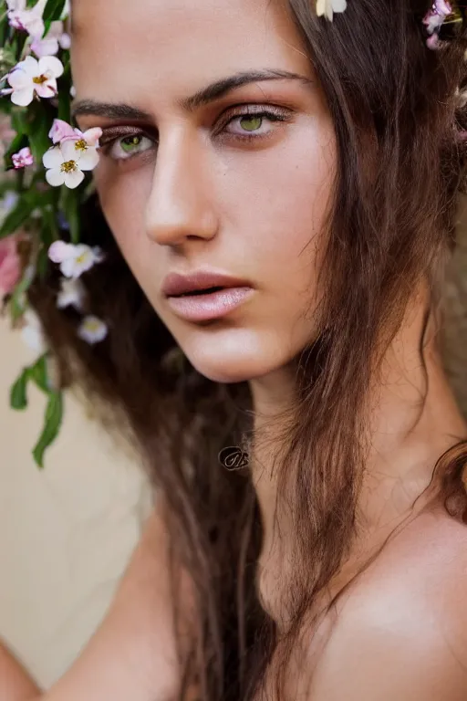 Image similar to photograph of an olive skinned female model in her twenties, her hair pinned up with flowers, wearing a designer top, looking content, focused on her neck, photo realistic, extreme detail skin, natural beauty, no filter, slr, golden hour, 8 k, high definition, selfie