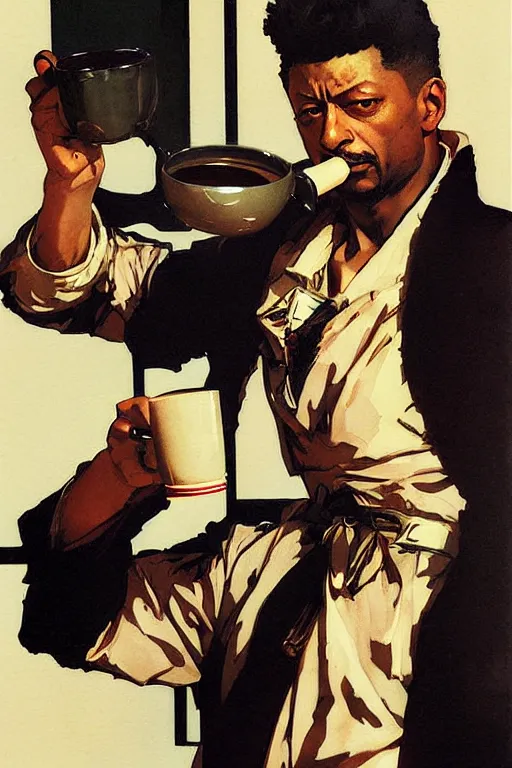 Image similar to attractive 2 1 savage drinking coffee, painting by j. c. leyendecker, yoji shinkawa, katayama bokuyo