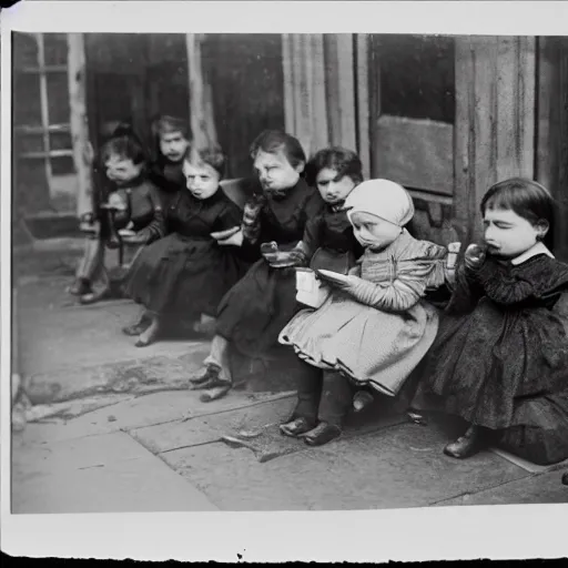 Image similar to vintage photograph of poor victorian orphans on cellphones