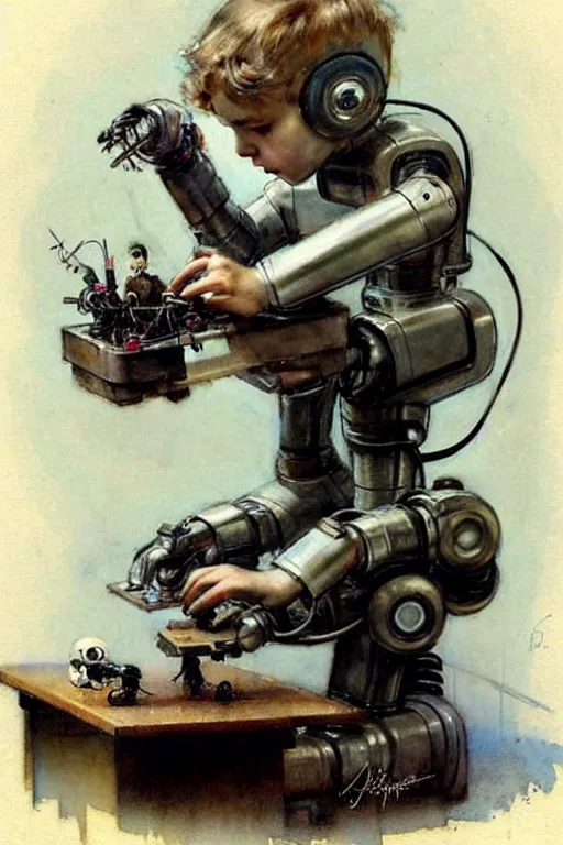 Image similar to (((((1950s a boy working on his robot . muted colors.))))) by Jean-Baptiste Monge !!!!!!!!!!!!!!!!!!!!!!!!!!!