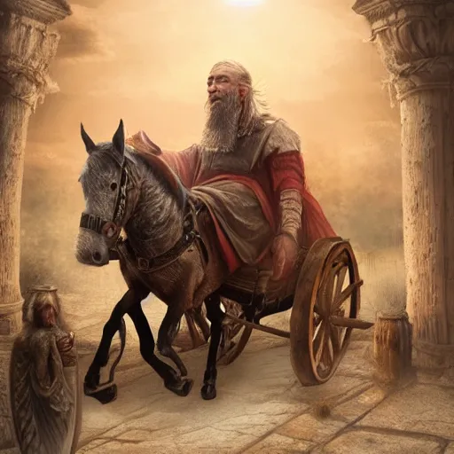 Image similar to Beautiful hyperrealistic detailed matte painting of a 60 year old man in Biblical outfit riding the carriage of an ancient chariot made of fire pulled by firey horses. nightime.