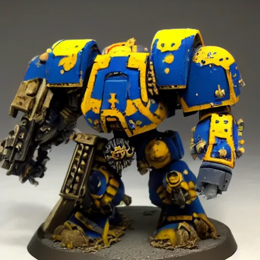 Prompt: warhammer 4 0 k chaos dreadnought painted blue and yellow