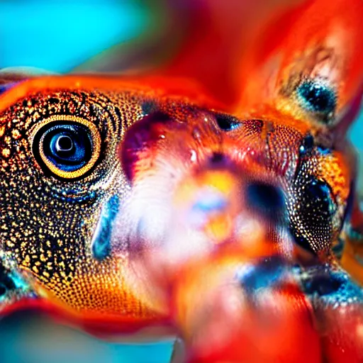 Image similar to fiery whimsical emotional eyes cephalopod, in a photorealistic macro photograph with shallow dof