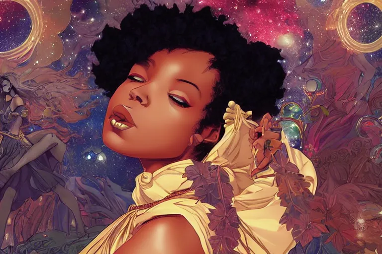 Image similar to black girl magic, powers and incantations in front of nebulae bursting, crisp digital painting by artgerm, by mucha by caravaggio and face by wlop