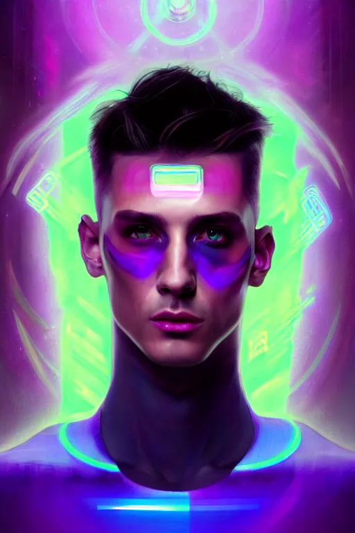 Prompt: portrait of a beautiful young fit cyberpunk man, rainbow futuristic hairs, digital tatoos, holographic clothes, psichedelic, by greg rutkowski and alphonse mucha, d & d character, gradient purple to silver, in front of a futuristic background, highly detailed portrait, digital painting, artstation, concept art, smooth, sharp focus ilustration, artstation hq