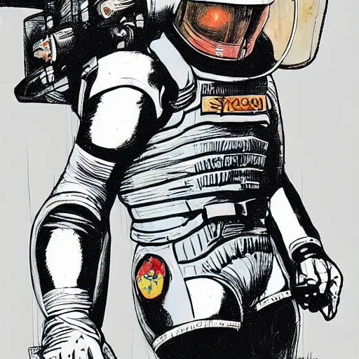 Prompt: Dead Space spacesuit, on a spacewalk, in the style of Frank Frazetta and Moebius