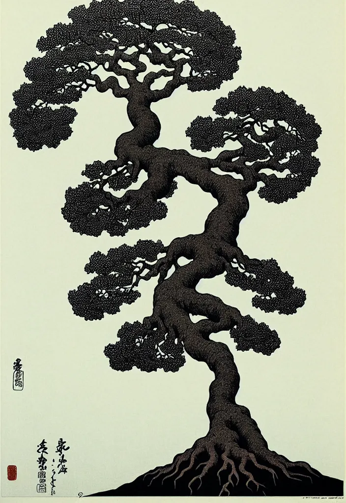 Image similar to prompt: magical white Bonsai tree roots merging into big moon drawn by Rene Magritte, Japanese woodblock print style, clean ink detailed line drawing, intricate detail, manga 1990