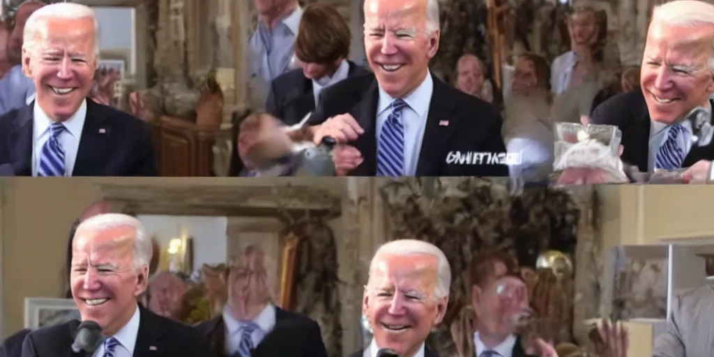 Prompt: cat sneezing so hard on Joe Biden it knocks over Joe Biden