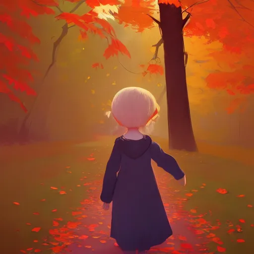 Prompt: samantha mash ilustration a beautiful little girl smiling, walking calmly through an autumn forest, style by goro fujita, characterized by ilya repin, sharp focus, highly detailed, artstation
