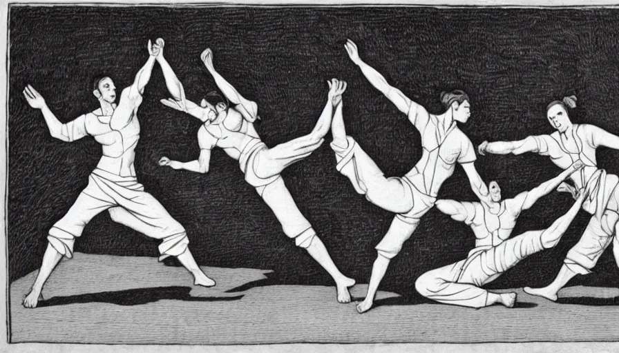 Image similar to capoeira, engraving by escher