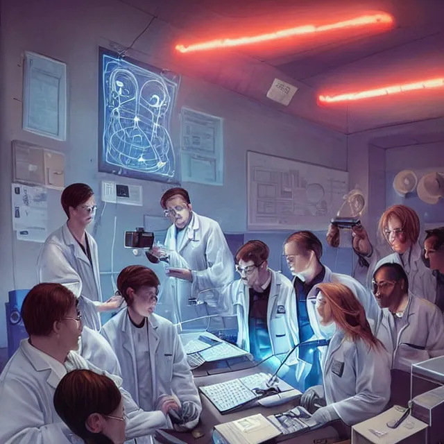 Image similar to engineers and scientists in labcoats confront a malevolent computer, glowing digital runes, panic, ross tran, ( futurism ), rhads!!!, james gurney, ( art fitzpatrick ), ( asaf hanuka ), ( ( barclay shaw ) ), ominous, saturday morning cartoon, clean linework, western animation