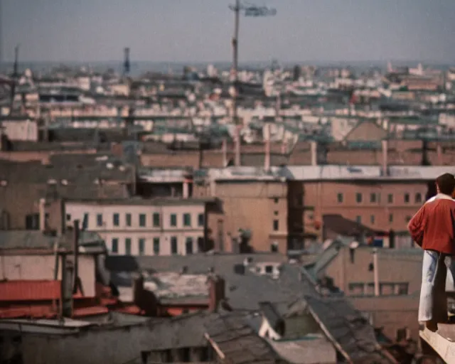 Image similar to lomo photo of man standing on the roof of soviet hrushevka, small town, cinestill, bokeh, out of focus