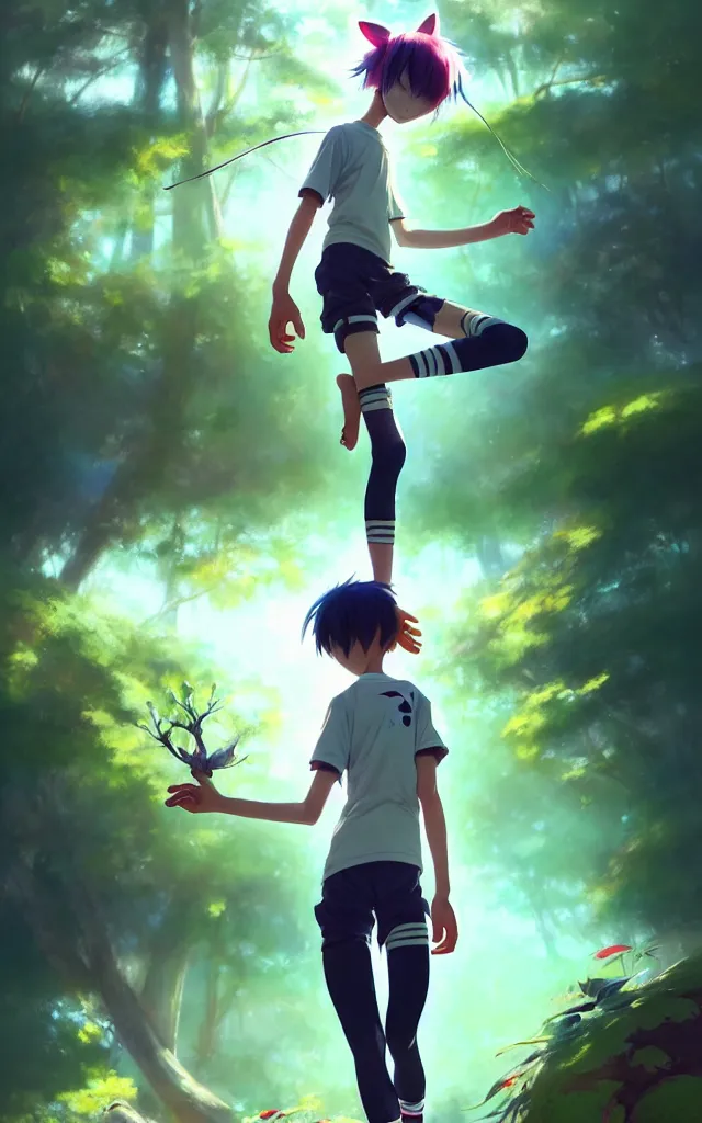 Prompt: a beautiful fullbody portrait of a cute anime boy wearing sport clothing and leggings under shorts barefoot in a forest. character design by cory loftis, fenghua zhong, ryohei hase, ismail inceoglu and ruan jia. artstation, volumetric light, detailed, photorealistic, fantasy, rendered in octane