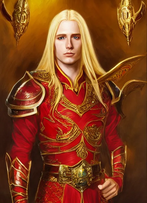 Image similar to a portrait of a noble high elf with long blonde hair, young adult male, wearing red and gold ornate attire, style by donato giancola, wayne reynolds, jeff easley dramatic light, high detail, cinematic lighting, artstation, dungeons and dragons