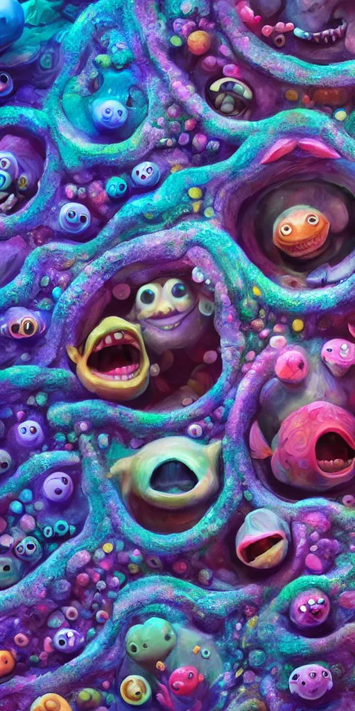 Image similar to of a colorful deep sea cave with strange cute friendly happy creatures with huge eyes, mouth, long tongue and round teeth appearing from sandy coral, in the style of gehry and gaudi, macro lens, shallow depth of field, ultra detailed, digital painting, trending artstation, concept art, illustration, cinematic lighting, photorealism, epic, octane render