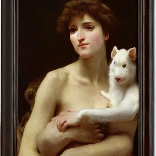 Image similar to portrait of an angelical woman and her giant monster pet, by bouguereau