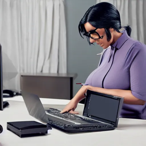 Prompt: kim kardashian building a PC computer leaning over open PC case with screwdriver wearing glasses photo render 4k unreal photoshop journalism