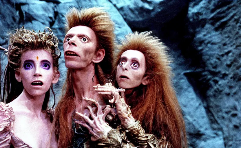 Image similar to movie still from the 1 9 8 8 sequel to labyrinth by jim henson's creature shop starring david bowie as goblin king and young jennifer connelly as sarah in a maze - like steampunk fortress on the moon. realistic practical - effects wondrous creatures and humanoid aliens. fantasy adventure.