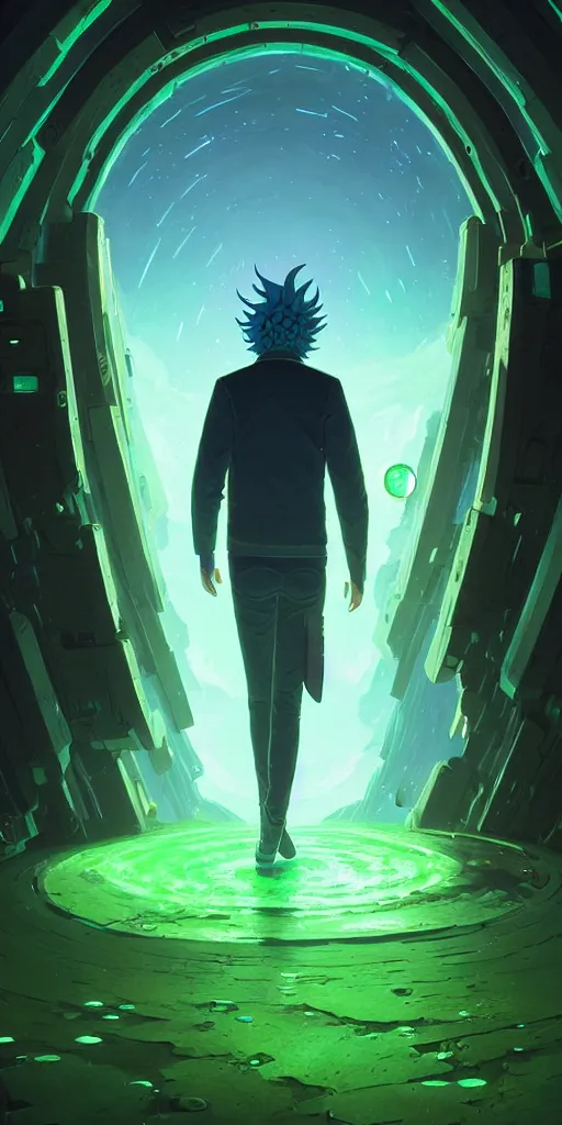 Prompt: back view of rick sanchez walking through a green interdimensional warp gate | a magical round gate | dreamy | ethereal | digital art by greg rutkowski and dan mumford | highly detailed | trending on artstationhq