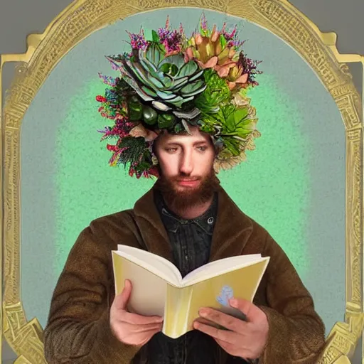 Prompt: HD 8x hyperdetailed illustrated collage portrait of a man with a maximalist hyperrealistic huge hat made of plants, reading a book. flamish baroque solarpunk elements. matte background in pastel tones.