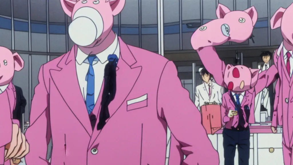 Image similar to a man wearing a pink suit and a pink pig mask working at a stock exchange, anime film still from the an anime directed by Katsuhiro Otomo with art direction by Salvador Dalí, wide lens