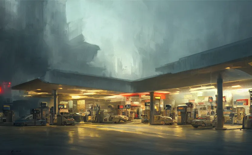 Prompt: Gas station, intricate, elegant, volumetric lighting, digital painting, highly detailed, artstation, sharp focus, illustration, concept art, ruan jia, steve mccurry