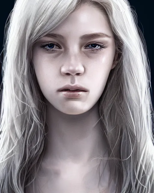 Image similar to portrait of 1 6 - year - old woman with dirty blonde hair down to her waist, pale eyebrows and protuberant silver eyes, wearing white shirt, hyper realistic face, beautiful eyes, character art, art by mark brooks, hyperdetailed, cryengine, trending on artstation, digital art