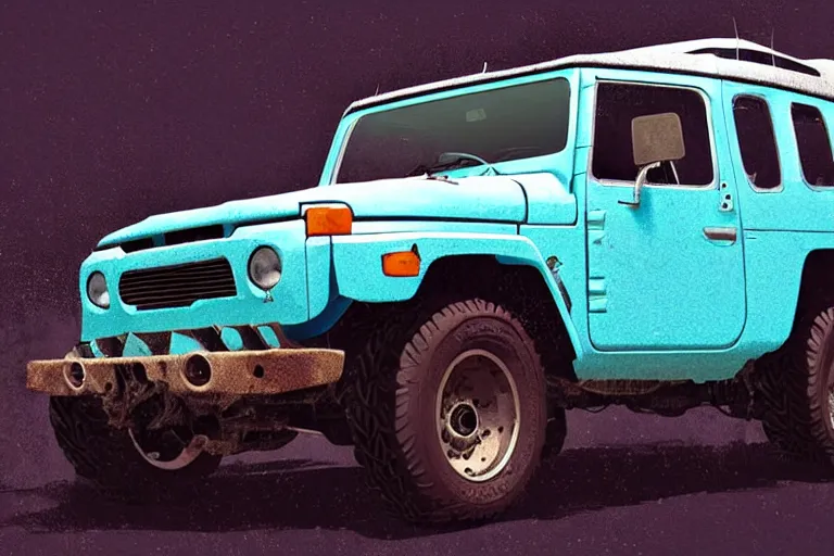 Image similar to digital illustration of a faded cyan mad max's fj 4 0 decrepit!!!! pursuit special, rusty!!! nissan fj cruiser heavily modded 1 9 9 0 s, the last v 8 interceptor by makoto shinkai, ilya kuvshinov, lois van baarle, rossdraws, basquiat