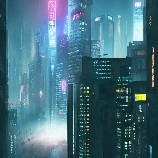 Prompt: cyberpunk shanghai in the night seen from below, cityscape, mist, rain, artstation, greg rutkowski, hq