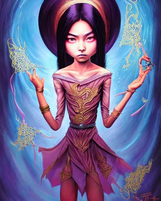 Image similar to an epic fantasy comic book style painting of a young malaysian woman, flying magician, lace, expressive, pastel palette, dark piercing eyes, tan skin, beautiful futuristic hair style, awesome pose, character design by mark ryden pixar hayao miyazaki, ue 5