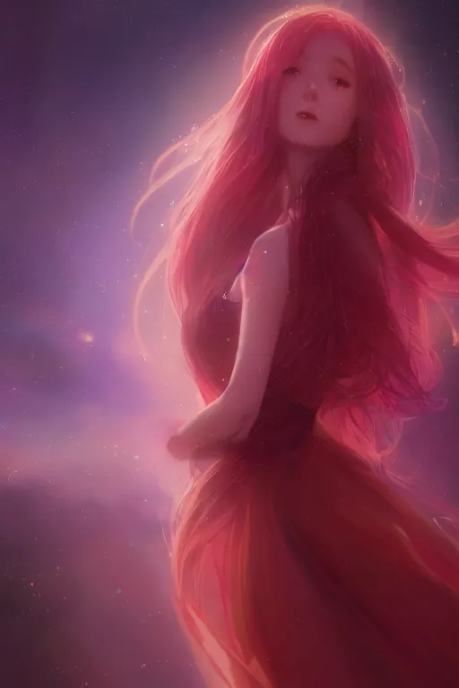 Image similar to 4k centered detailed portrait of a beautiful intimate woman with long purple cosmic hair and a beautiful red dress, by Greg Rutkowski and ross tran. Anime, volumetric lighting