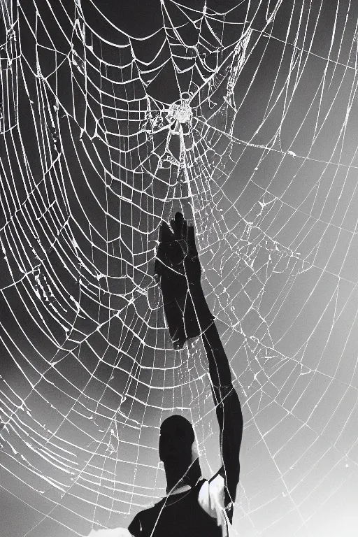 Image similar to cosmic horror photograph of a human caught in a giant spider web.