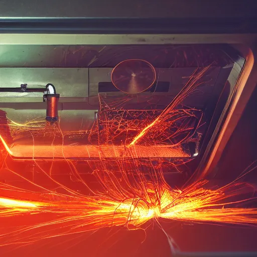 Image similar to overcharging toaster oven, tangles of metallic cables, dark messy smoke - filled cluttered workshop, dark, dramatic lighting, orange tint, sparks, plasma charges, cinematic, highly detailed, sci - fi, futuristic, movie still